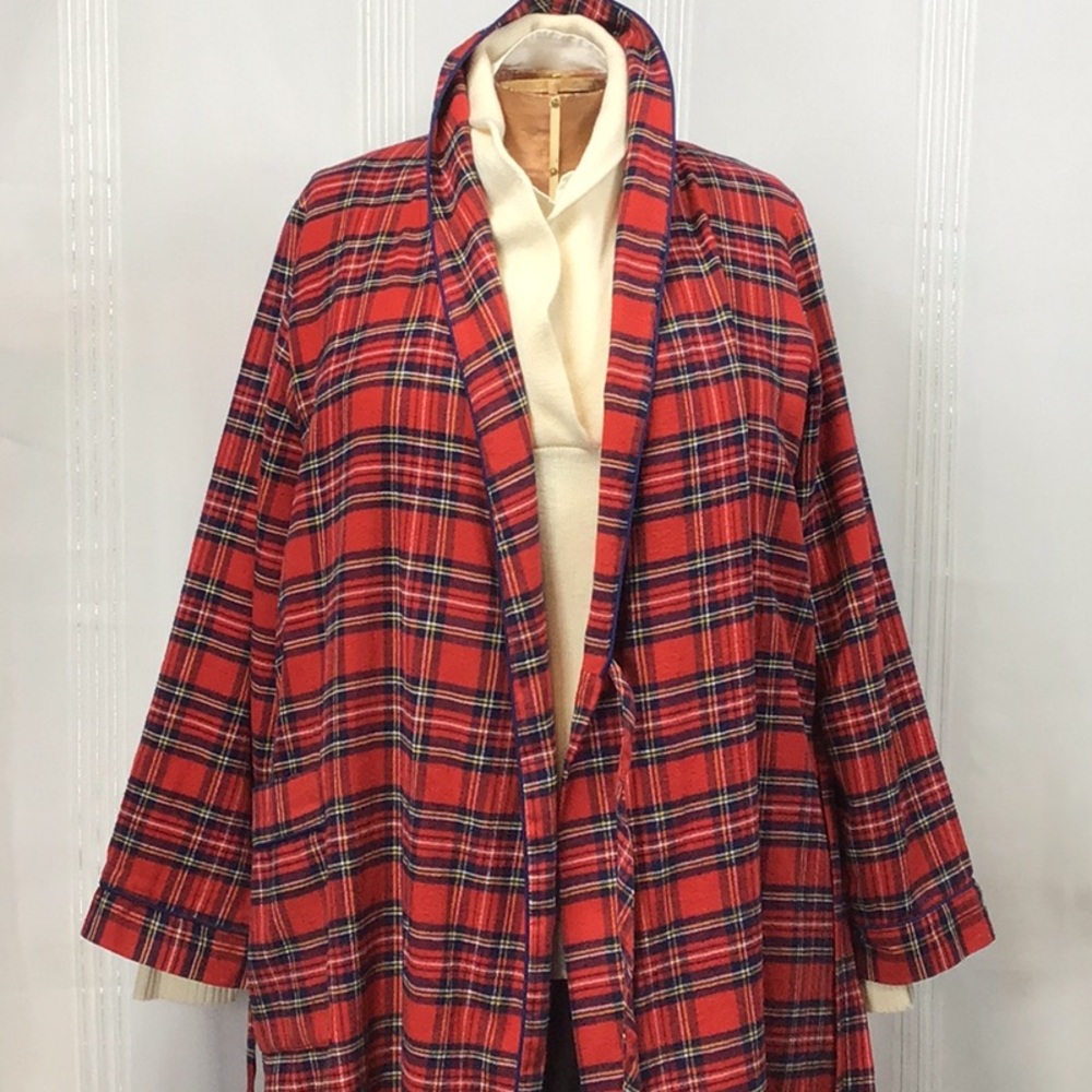 Vintage Red Plaid Tartan Blue Piping Self Tie Belt Front Pocket Flannel Maxi - Picture 8 of 15